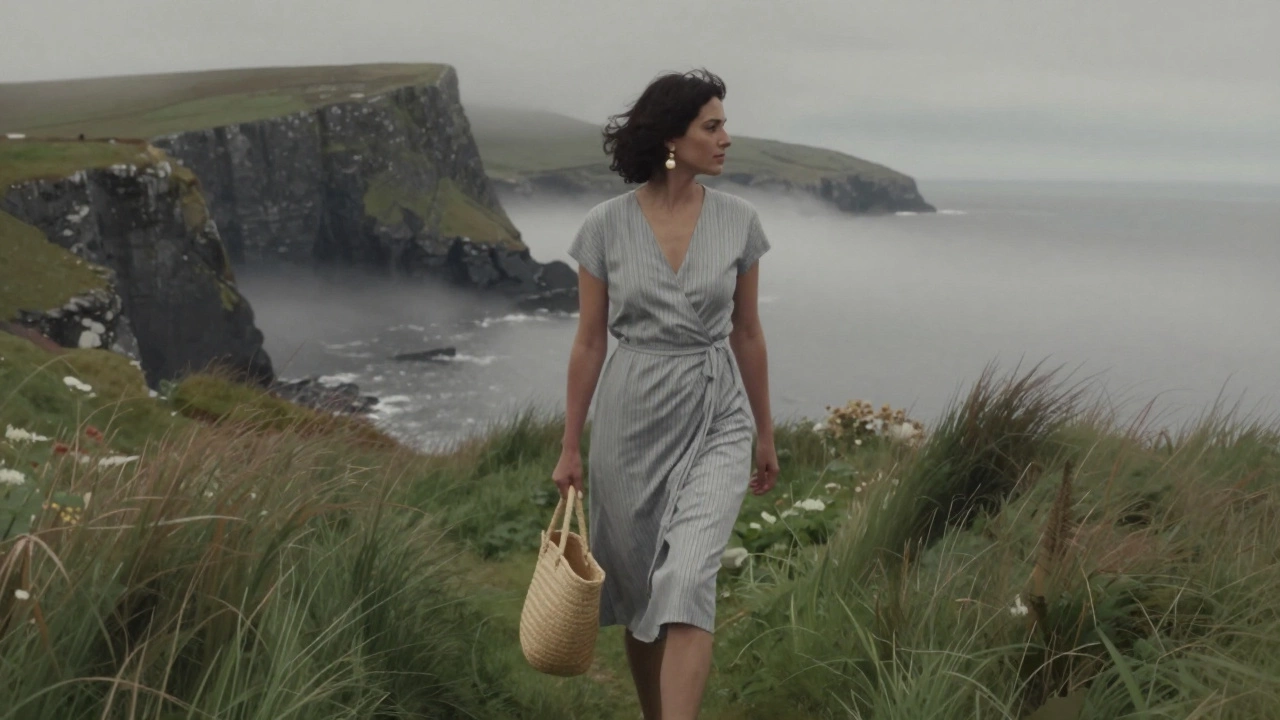 Woman walking the Dingle Peninsula in a vertical-striped wrap dress with a straw tote and pearl earrings, coastal fog and cliffs around her.