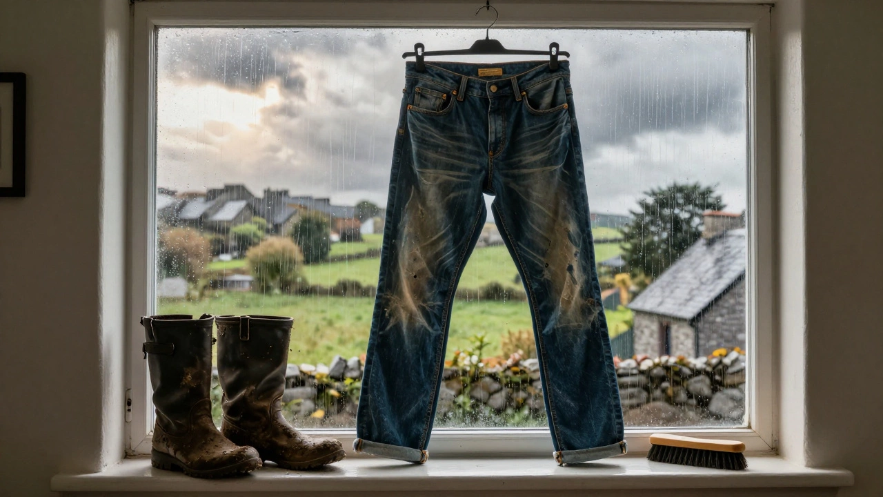 Worn Irish-made jeans drying by a rain-streaked window in a cottage.