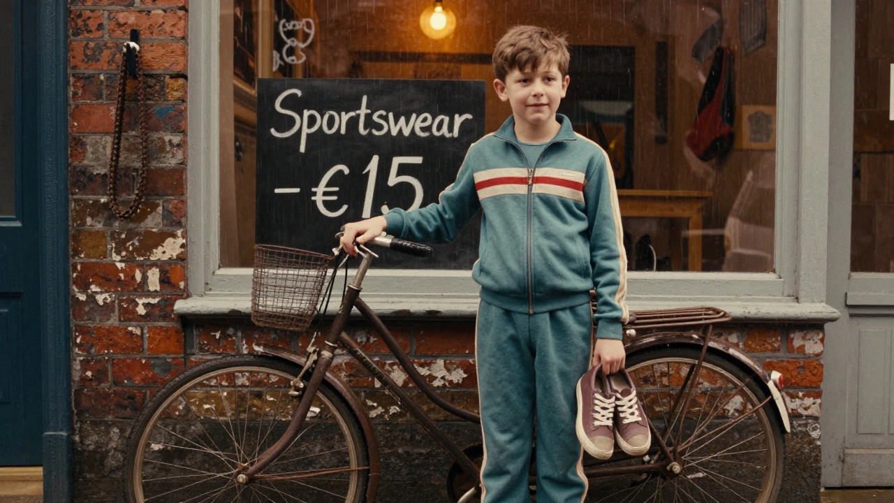 A boy in a 1970s tracksuit stands beside a bicycle outside a small Irish sports shop.