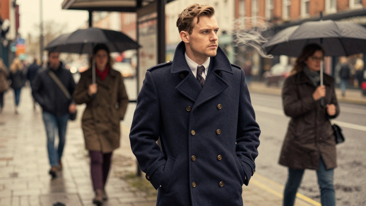 A commuter in a classic navy peacoat standing firm against wind outside a Dublin bus stop.