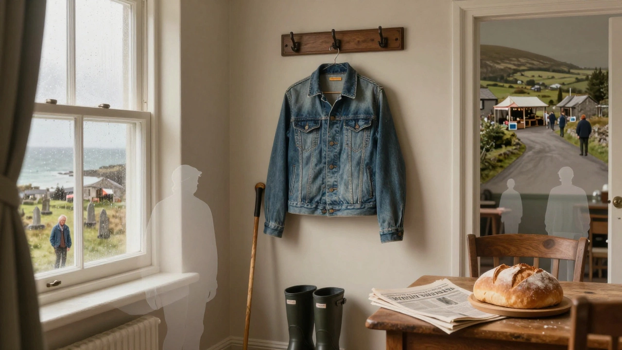 A denim jacket hung beside rain boots and soda bread in a rural Irish hallway.