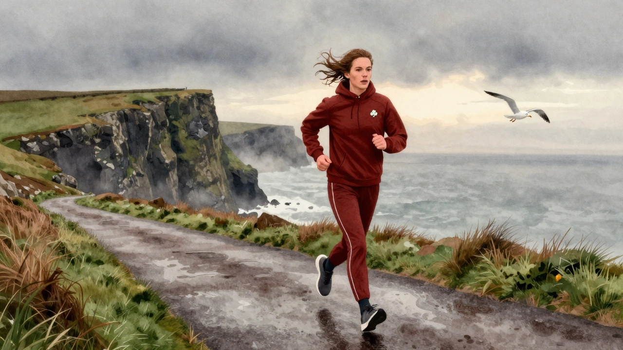 A runner in a red shamrock hoodie jogging along a misty coastal cliff at dawn in Ireland.
