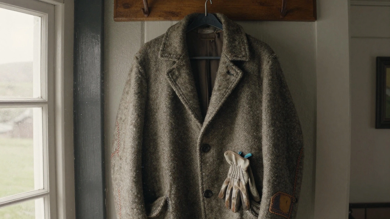 An aged Irish wool coat hanging by a cottage door, showing signs of lifelong use.