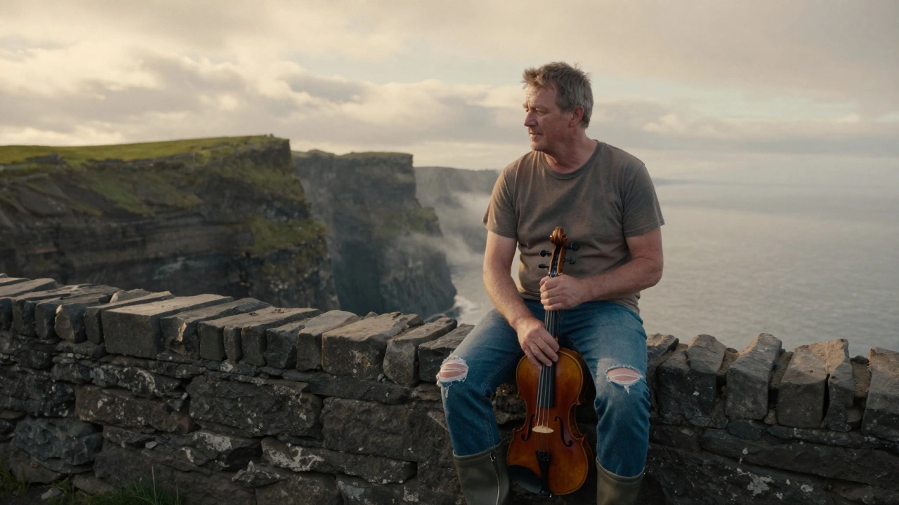 An older man sitting on a stone wall at the Cliffs of Moher wearing ripped jeans and holding a fiddle.