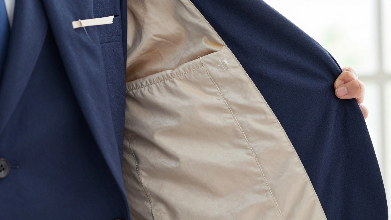 Close-up of suit lining and buttons showing high-quality stitching versus cheap, bubbling glue.