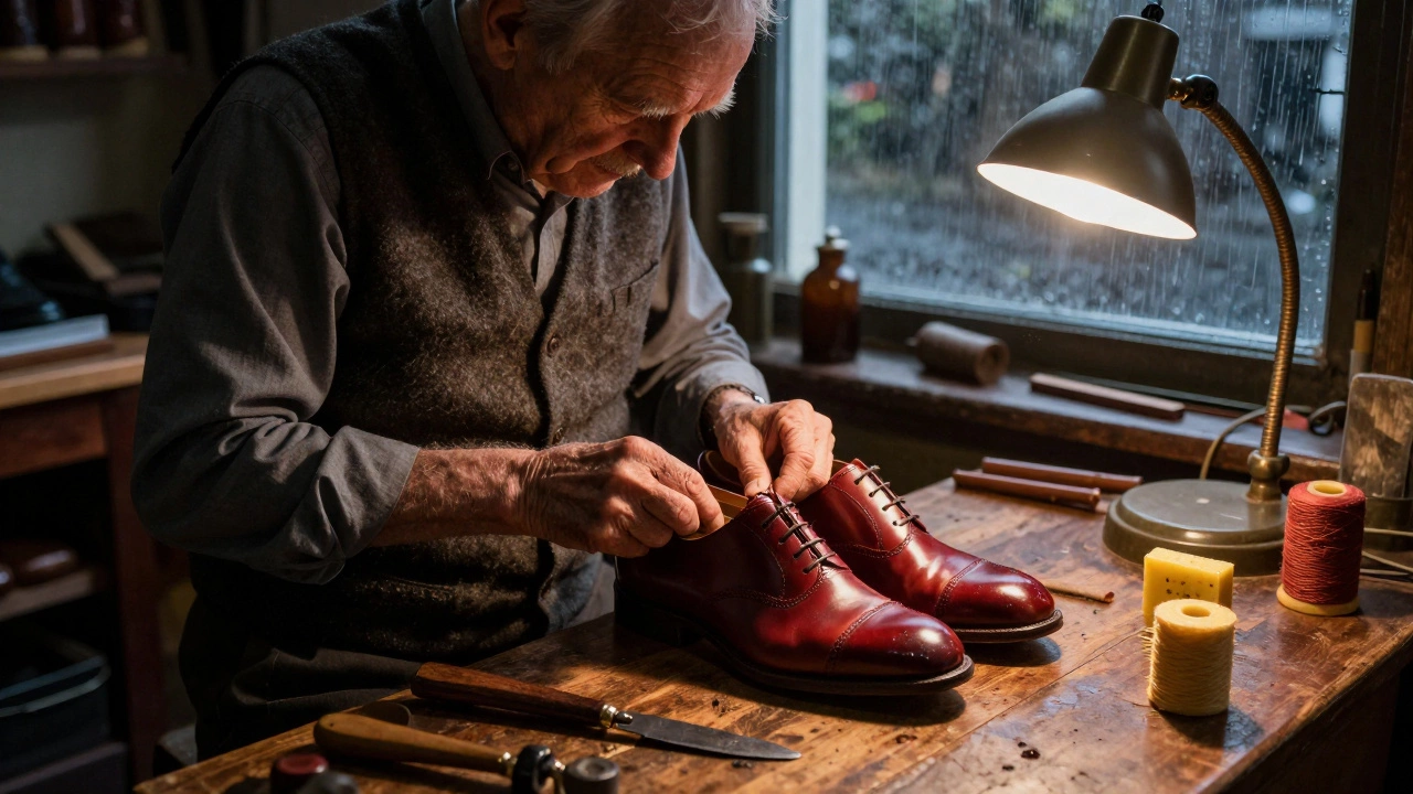 Cobbler in Cork workshop hand-lasting rich red leather shoes with traditional tools and oak dye.