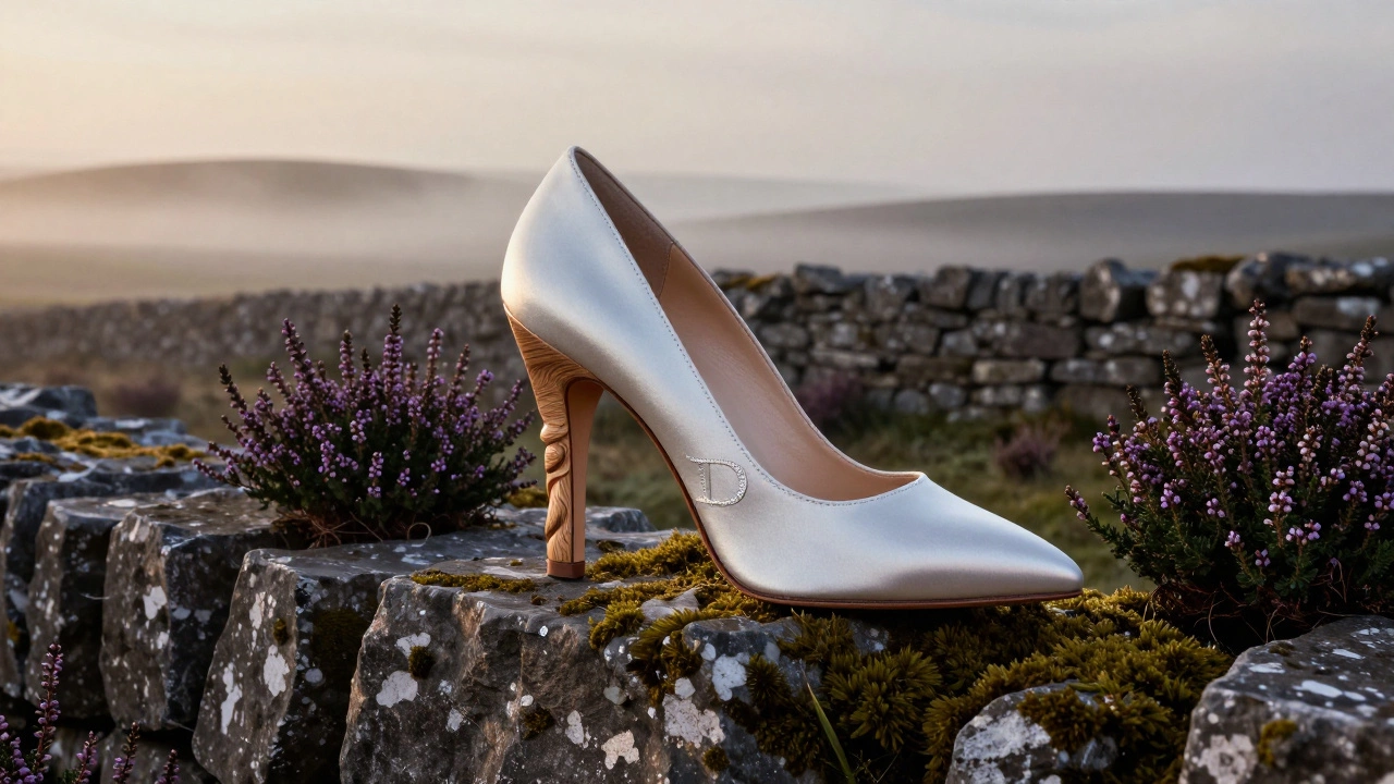 Dior stiletto with bog oak heel on Burren stone wall at sunrise, wildflowers and mist around it.