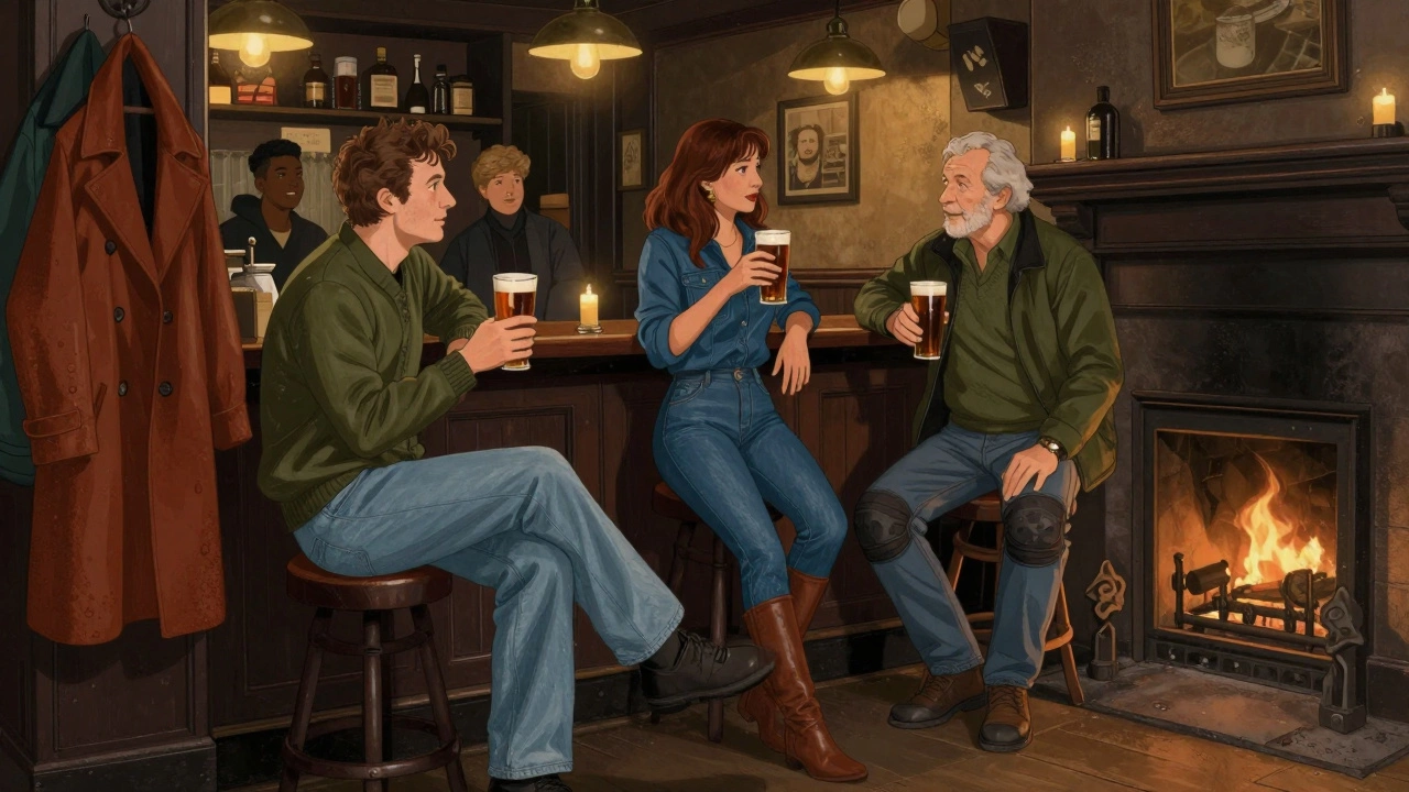 Diverse group of Irish locals in a pub wearing practical jeans, warm lighting, pints on the table.