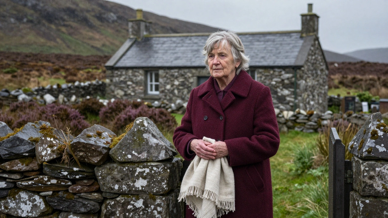 Elderly woman in burgundy coat holding wrap beside Kerry cottage in light rain.