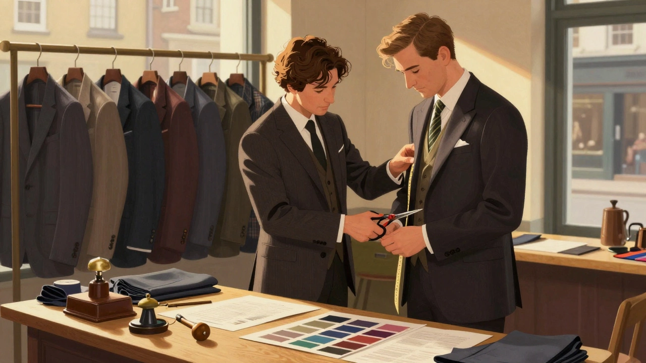 Irish tailor adjusting a suit in a cozy shop, surrounded by fabric swatches and vintage tools.