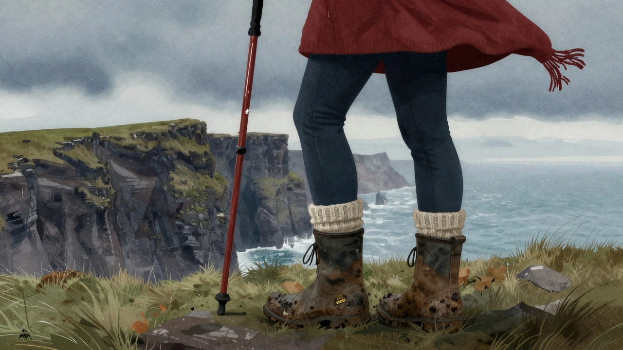 Irish woman hiking Cliffs of Moher in winter wearing muddy boots and wool socks.