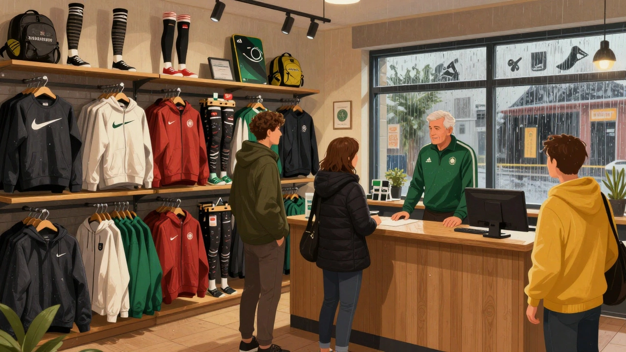 Local Irish sports shop with customers and shelves of branded gear under warm lighting.