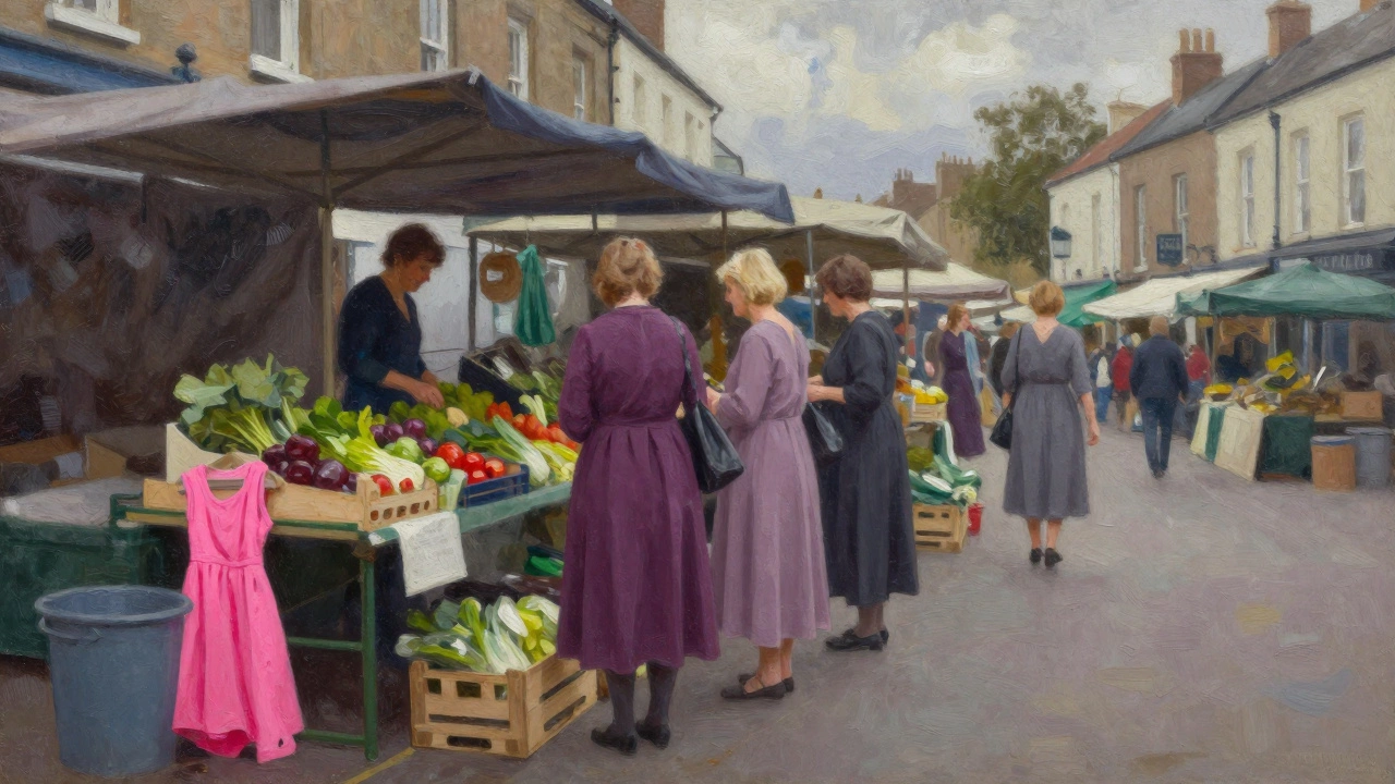 Locals at Kilkenny market wearing muted tones, neon dress discarded in bin.