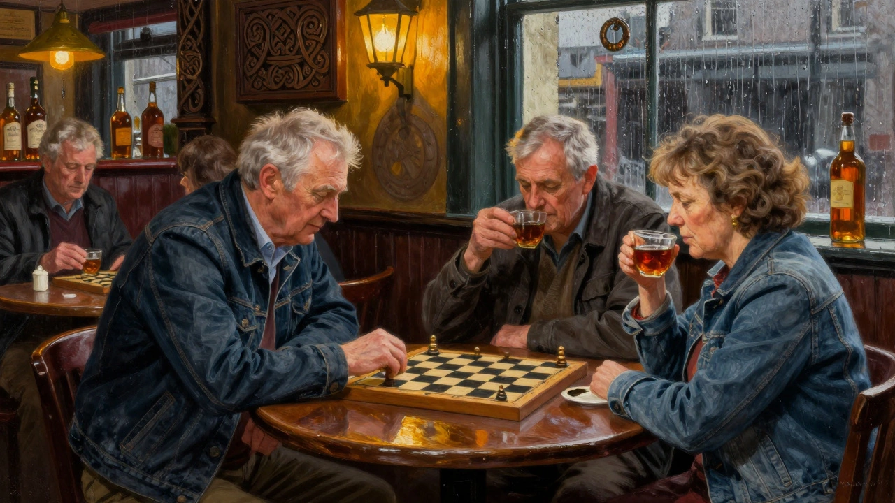 Older Irish friends in a pub, one wearing a denim jacket, playing chess under warm lighting.