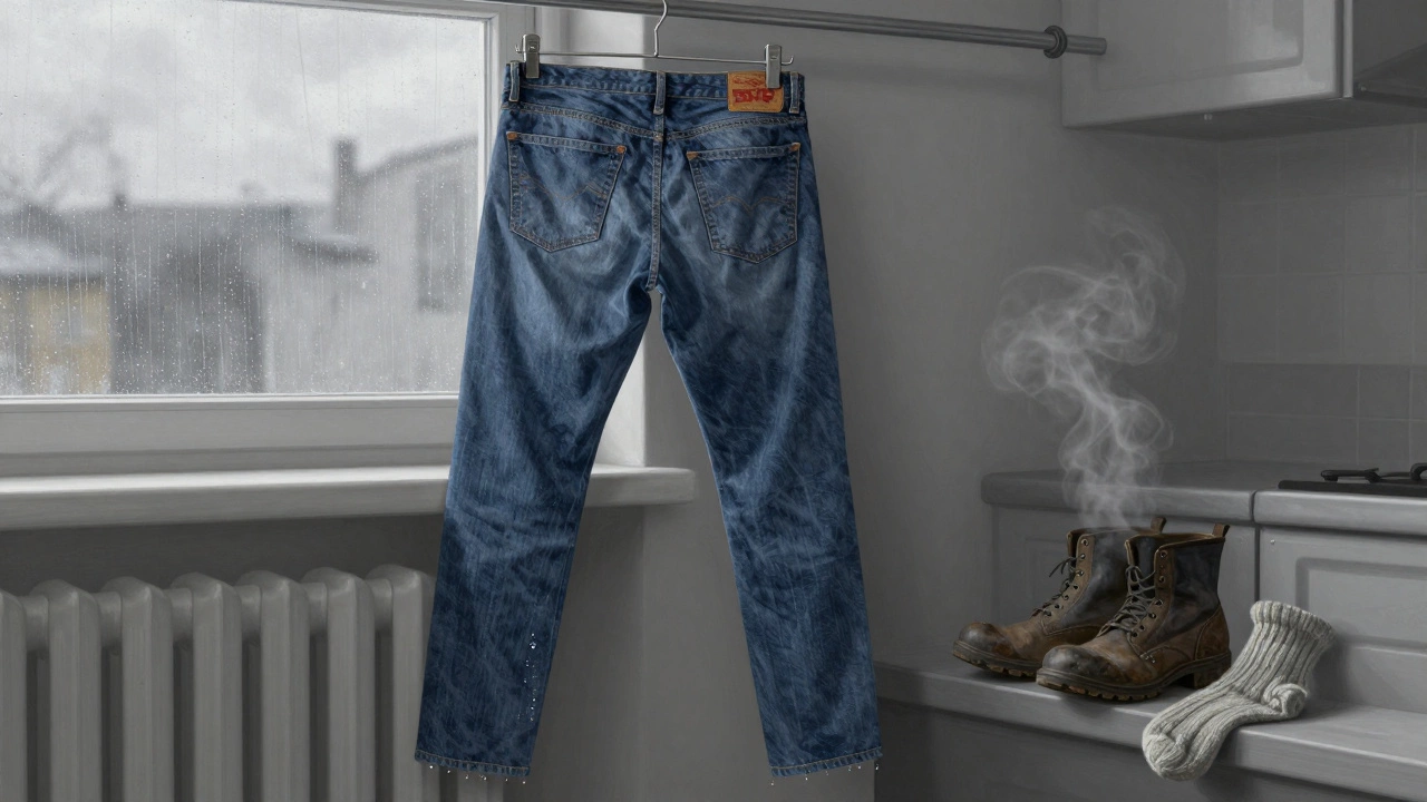 Pair of jeans drying on a clothes horse beside a radiator in a cozy Irish kitchen.