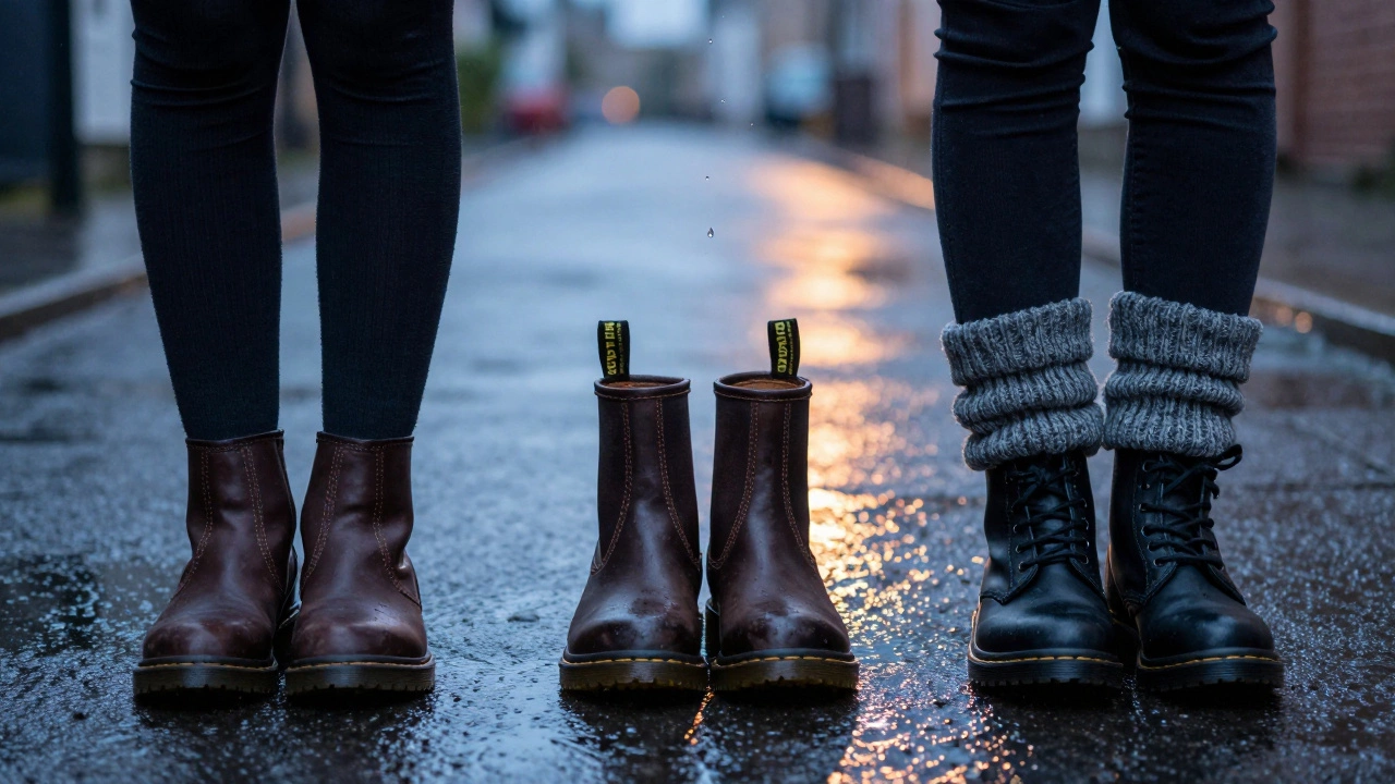 Three boot styles on wet pavement, each paired with a different sock type under rainlight.