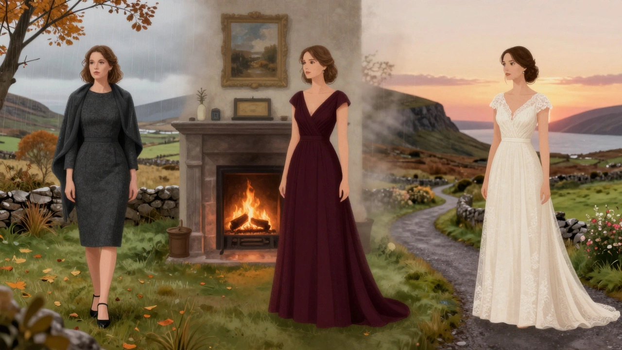 Three seasonal evening dresses in charcoal, burgundy, and ivory, set against Irish landscape transitions from autumn to summer.