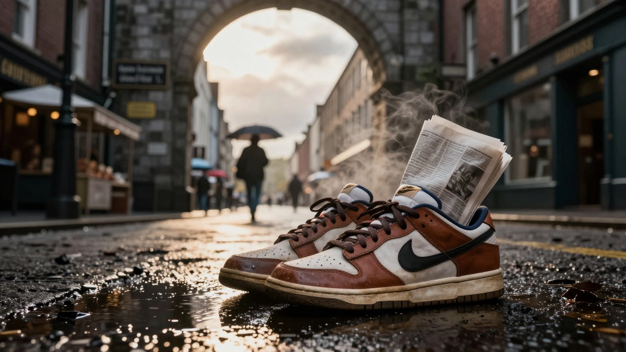 Well-maintained Nike Dunk Low shoes standing in a puddle outside Spanish Arch with steam rising.
