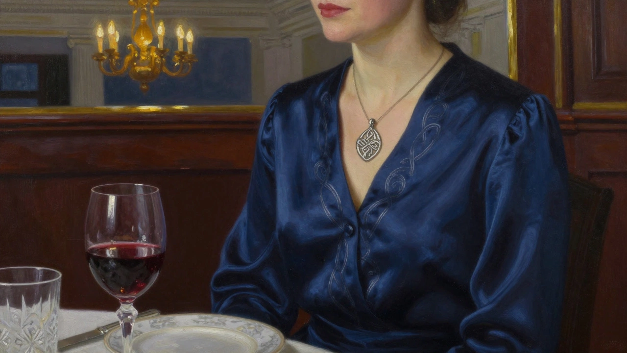 Woman in navy silk dress with silver embroidery at a formal Dublin dinner, warm chandeliers and wine glass nearby.
