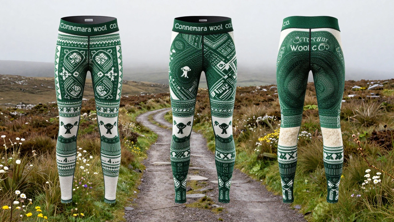 Wool-lined athletic leggings merging into Burren trail, blending heritage and modern design.