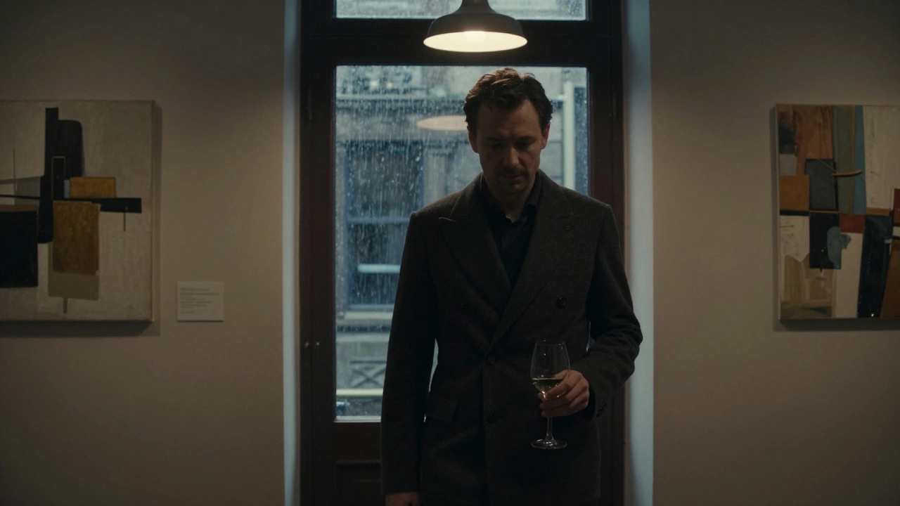 A man in a charcoal double-breasted jacket entering an art gallery in Cork, rain on the window behind him.