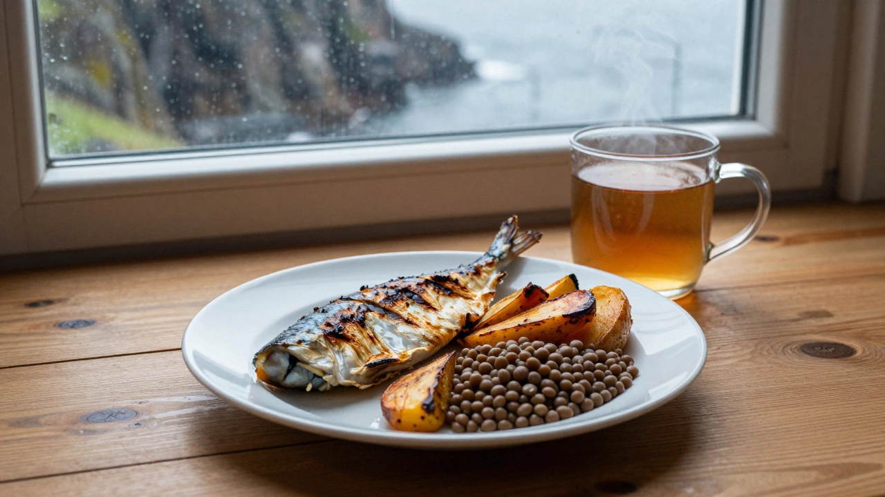 A simple Irish dinner of grilled fish, roasted vegetables, and lentils with a mug of ginger tea by a rainy window.