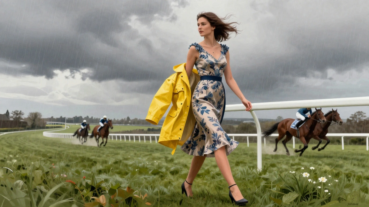 A woman at the Galway Races with a dress and jacket over her arm as rain begins to fall on the racecourse.