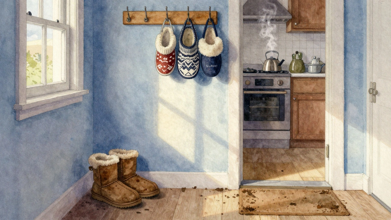 Abandoned UGGs beside three Irish-made wool slippers on a wooden hook in a sunlit hallway, kettle steaming in the background.