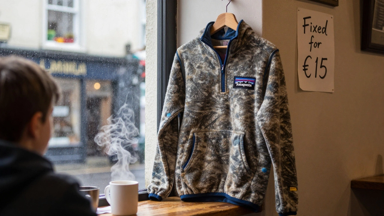 An old Patagonia hoodie hangs in a Galway café, showing years of use with a small repair patch.