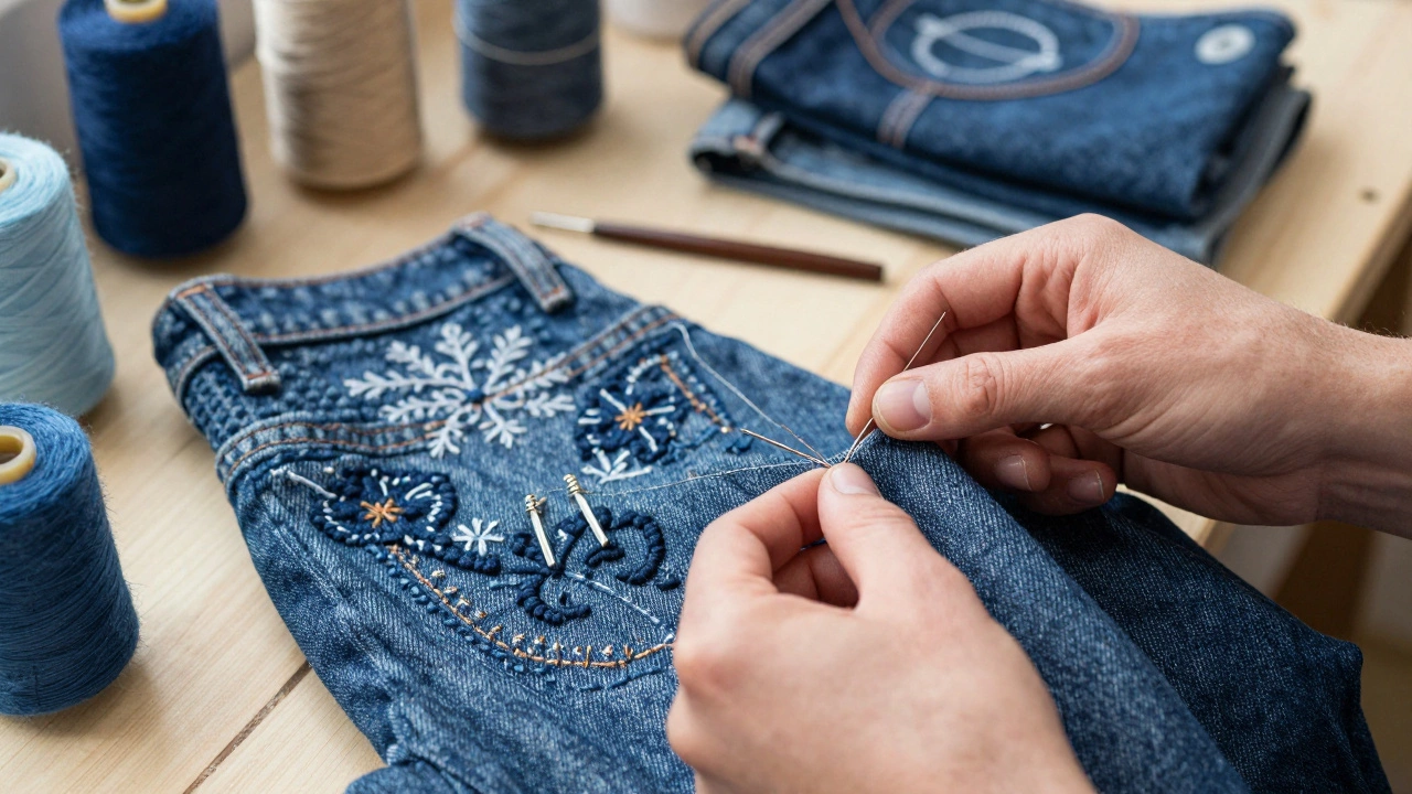 Artisan repairing jeans with traditional Irish embroidery at workshop