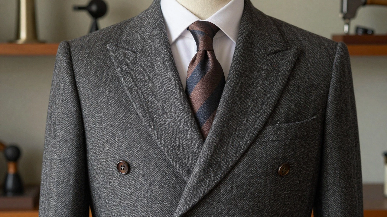 Close-up of a classic Irish double-breasted jacket on a tailoring form with herringbone wool texture.
