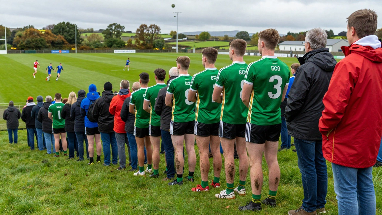 Crowd at a Gaelic football match in Kerry, all wearing classic trainers in club colors.