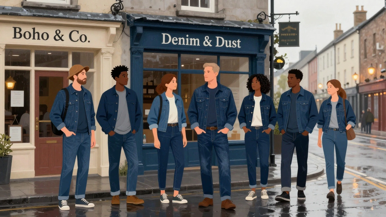 Diverse locals in Galway and Limerick wearing practical dark indigo denim, standing outside local denim shops.