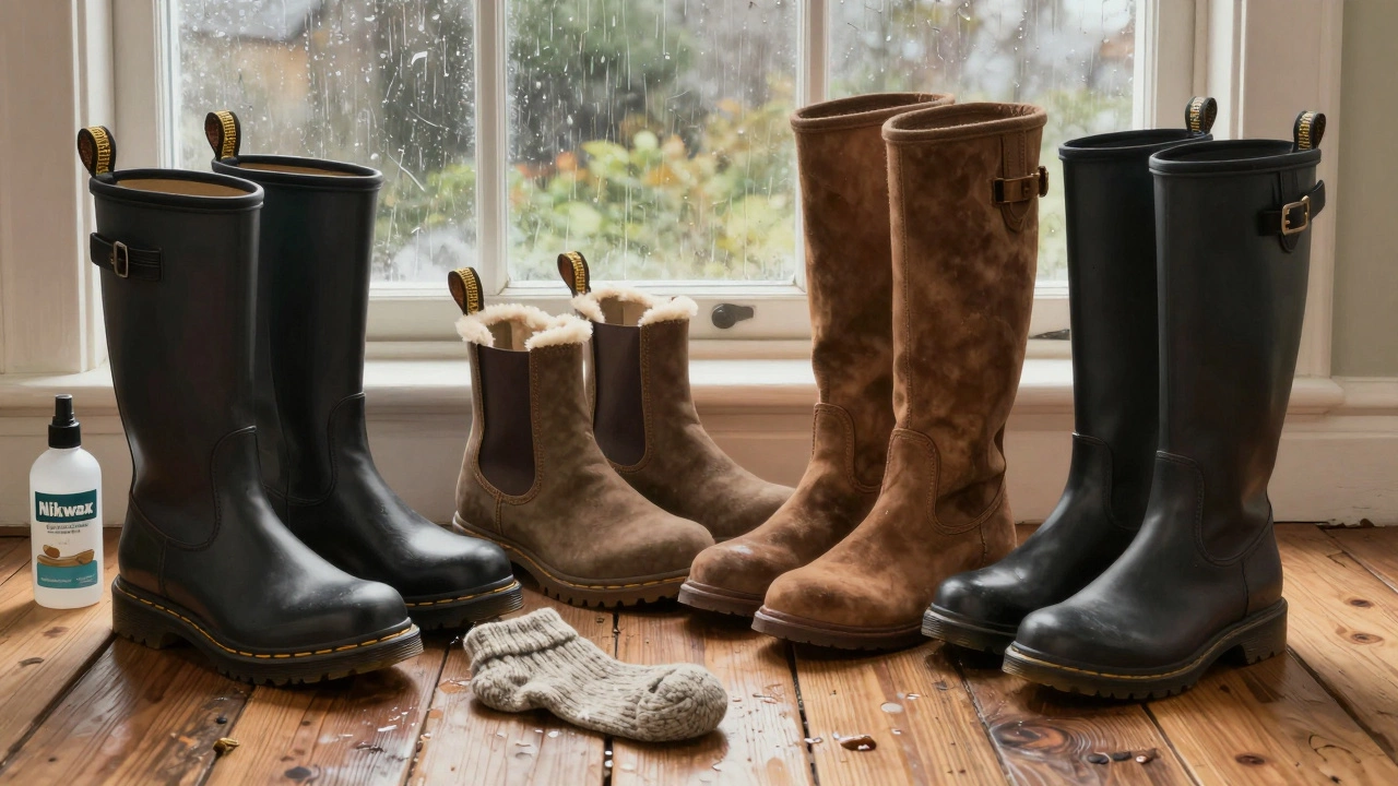 Five types of Irish winter boots displayed on wooden floor with wool sock and waterproofing spray, natural lighting highlighting textures.