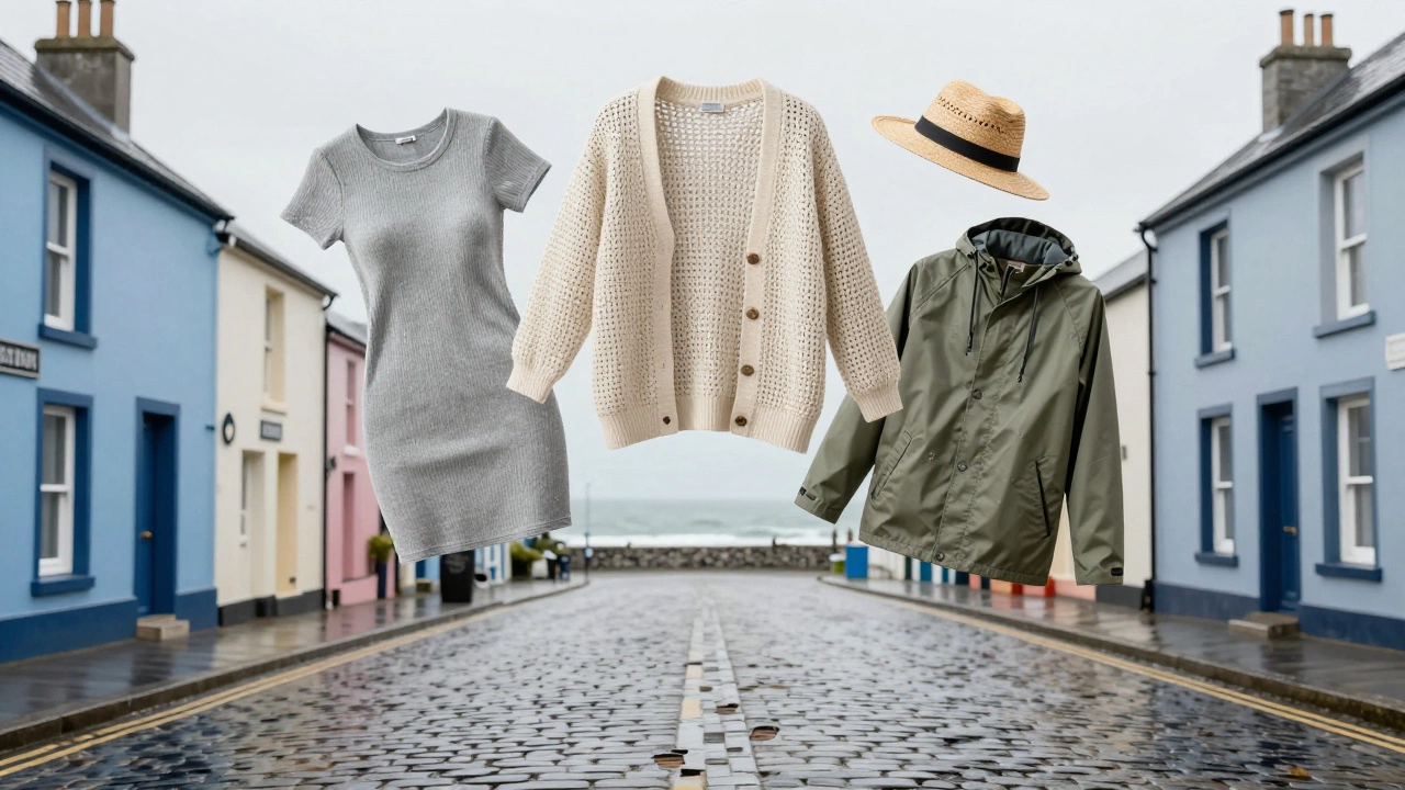 Floating layers of smart Irish summer attire—merino base, cardigan, straw hat, rain jacket—above wet cobblestones leading to the ocean.