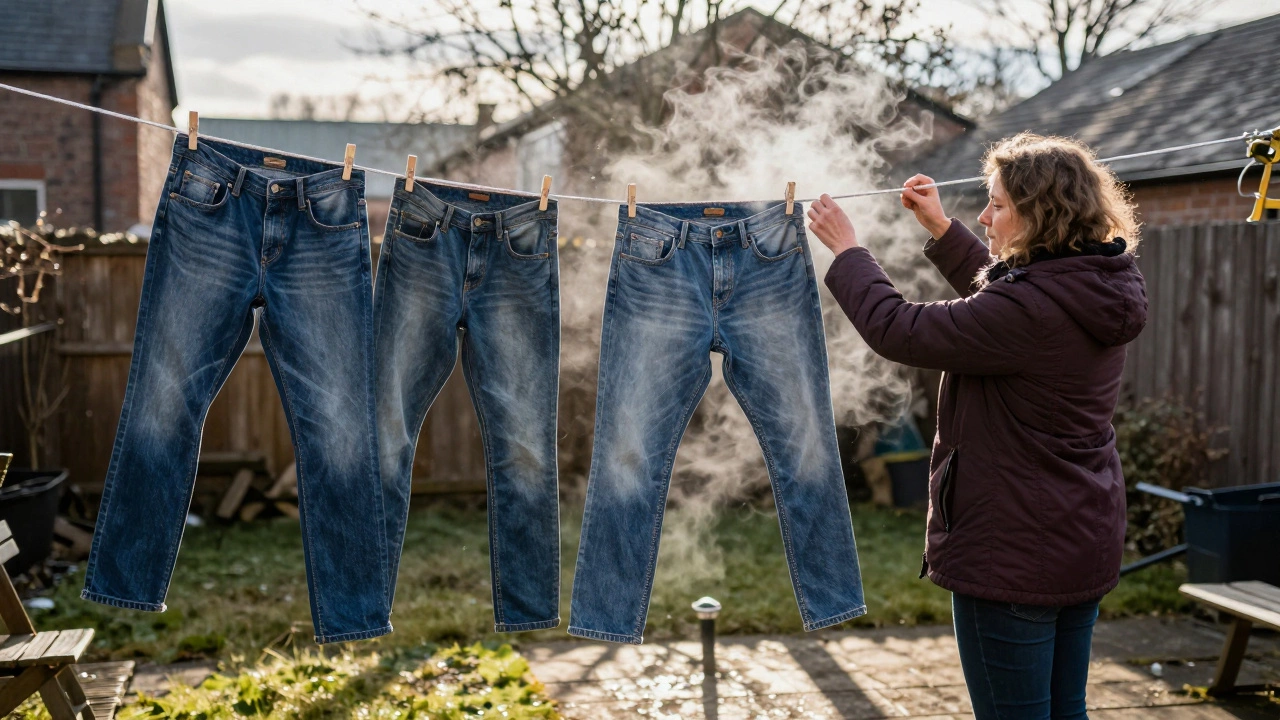 Jeans drying on a clothesline in a cold Irish backyard, steam rising from the fabric.