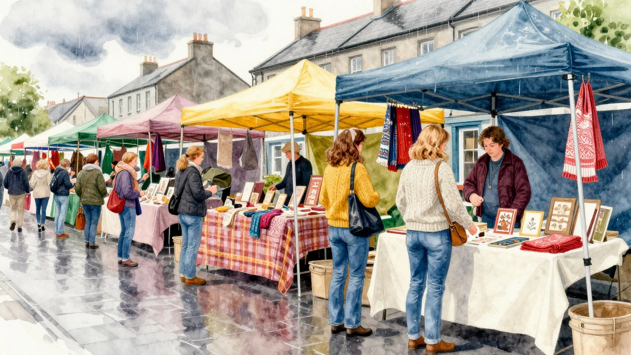 Locals at Galway Market wearing jeans and chunky knit sweaters
