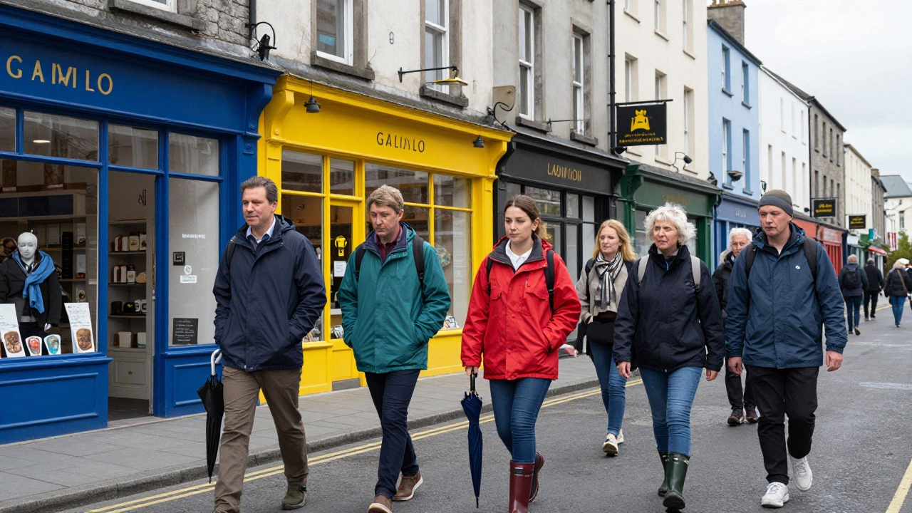 Locals in Galway wearing functional jackets while walking past colorful shops on a cloudy day.