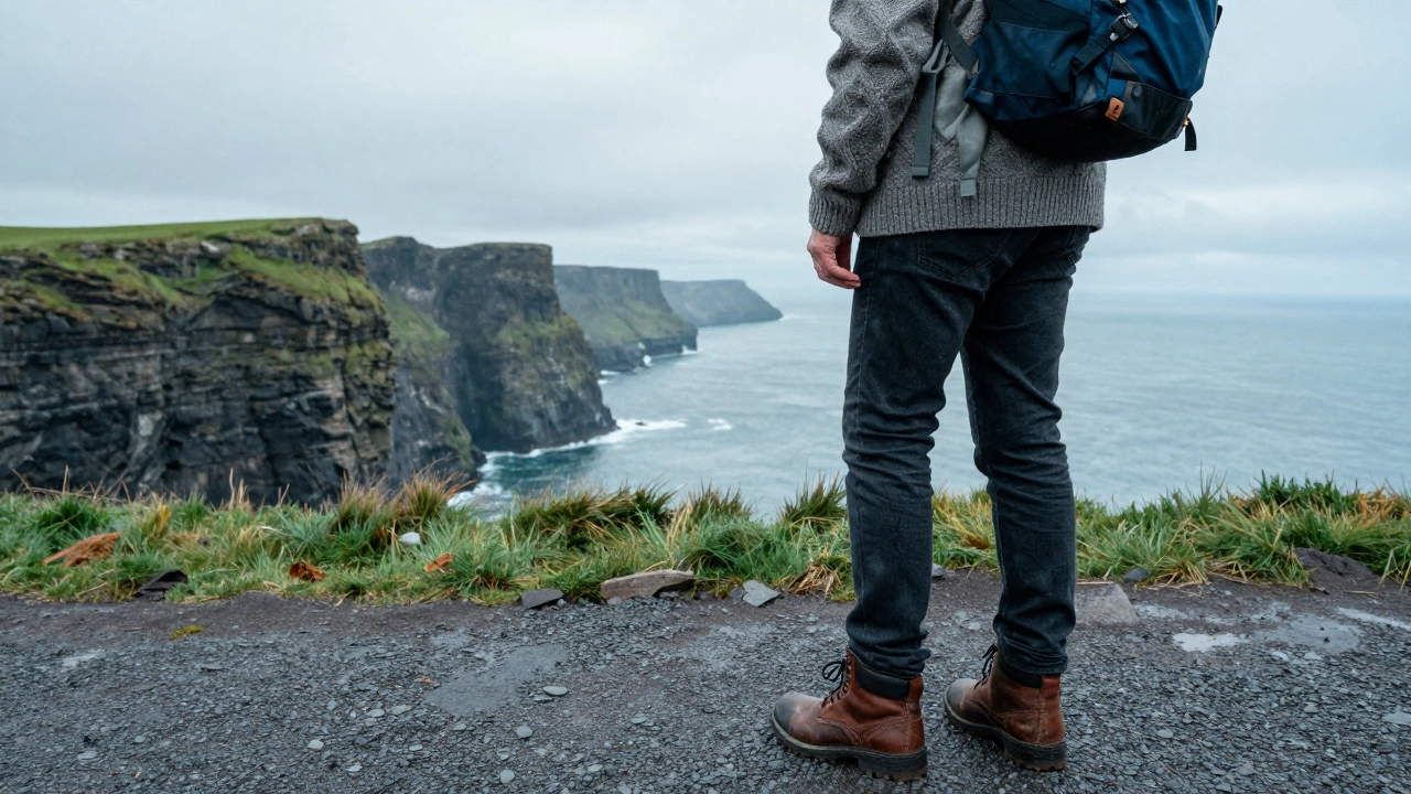 Senior person hiking Cliffs of Moher in jeans, waterproof jacket, and boots.