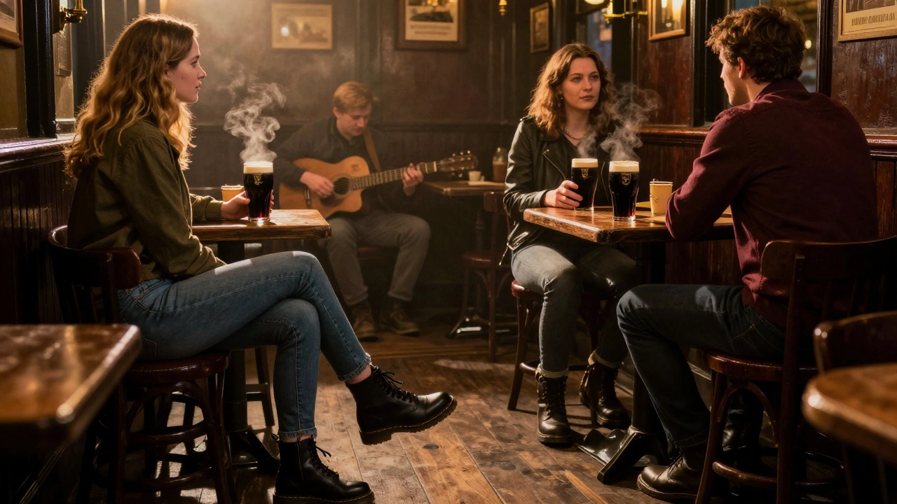 Three people in a Galway pub wearing tapered jeans with boots, drinking Guinness under warm lighting.