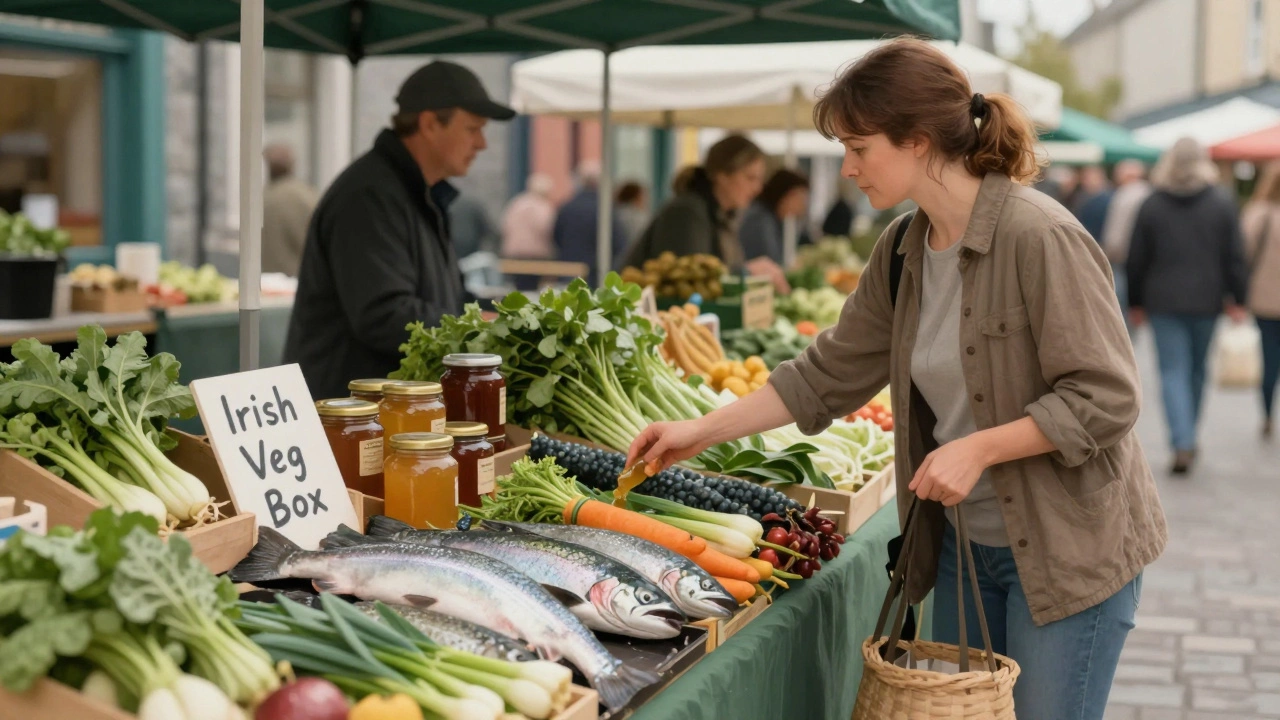 Vibrant Irish farmers' market with fresh fish, vegetables, and honey, people shopping among colorful stalls.
