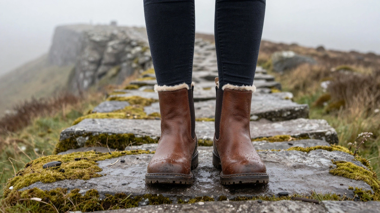 Woman's feet on mossy Burren path in custom sheepskin-lined boots, water droplets on leather, foggy cliffs in background.