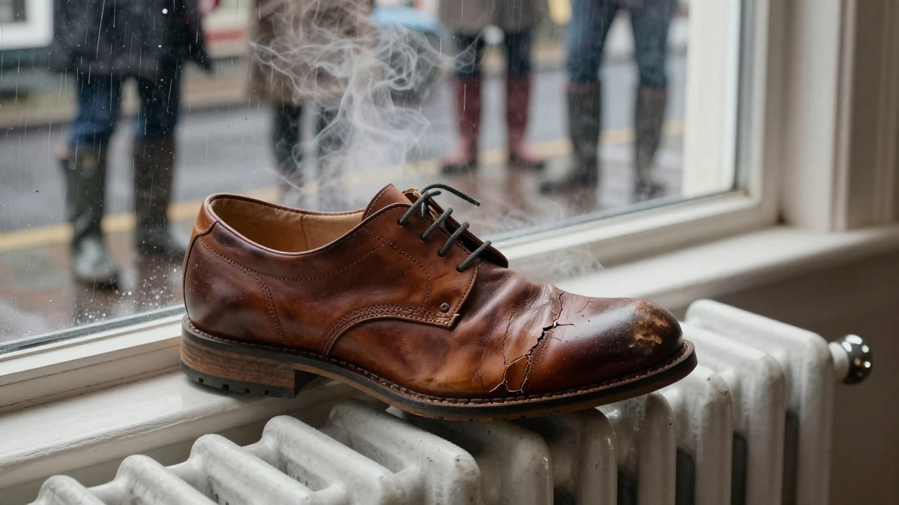 A cracked leather shoe drying on a radiator, with steam rising and fractures visible on the leather.
