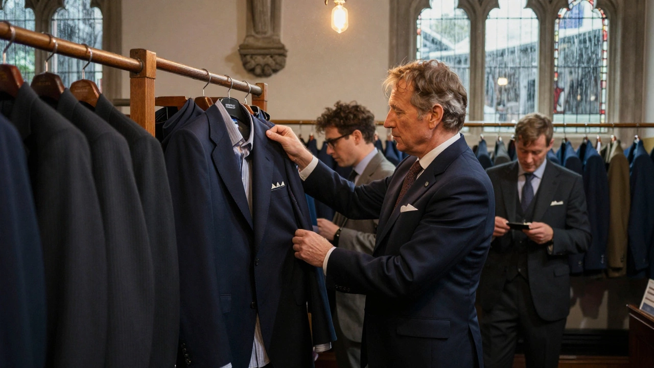 A man examines a vintage navy suit at the Dublin Vintage Suit Market, surrounded by other carefully preserved suits.