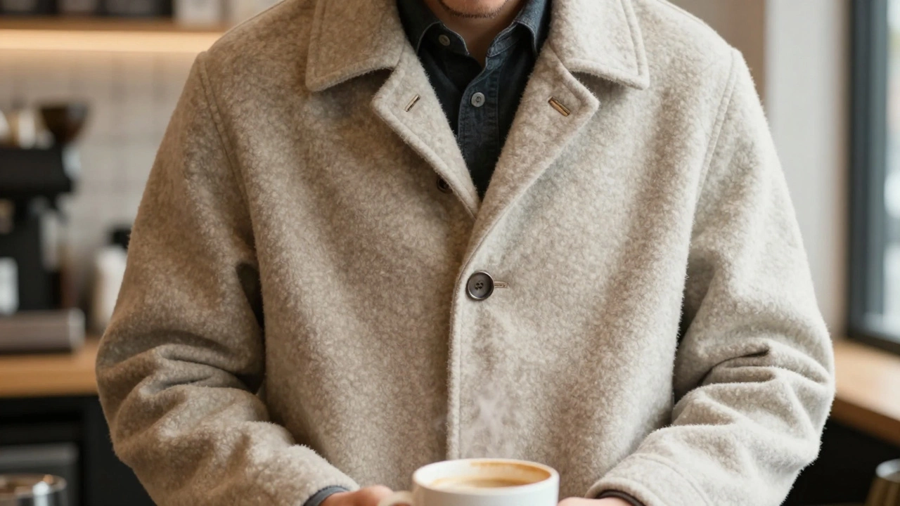 A modern Irish wool pea coat worn by a barista in a Dublin café, clean design with hidden buttons and warm lighting.