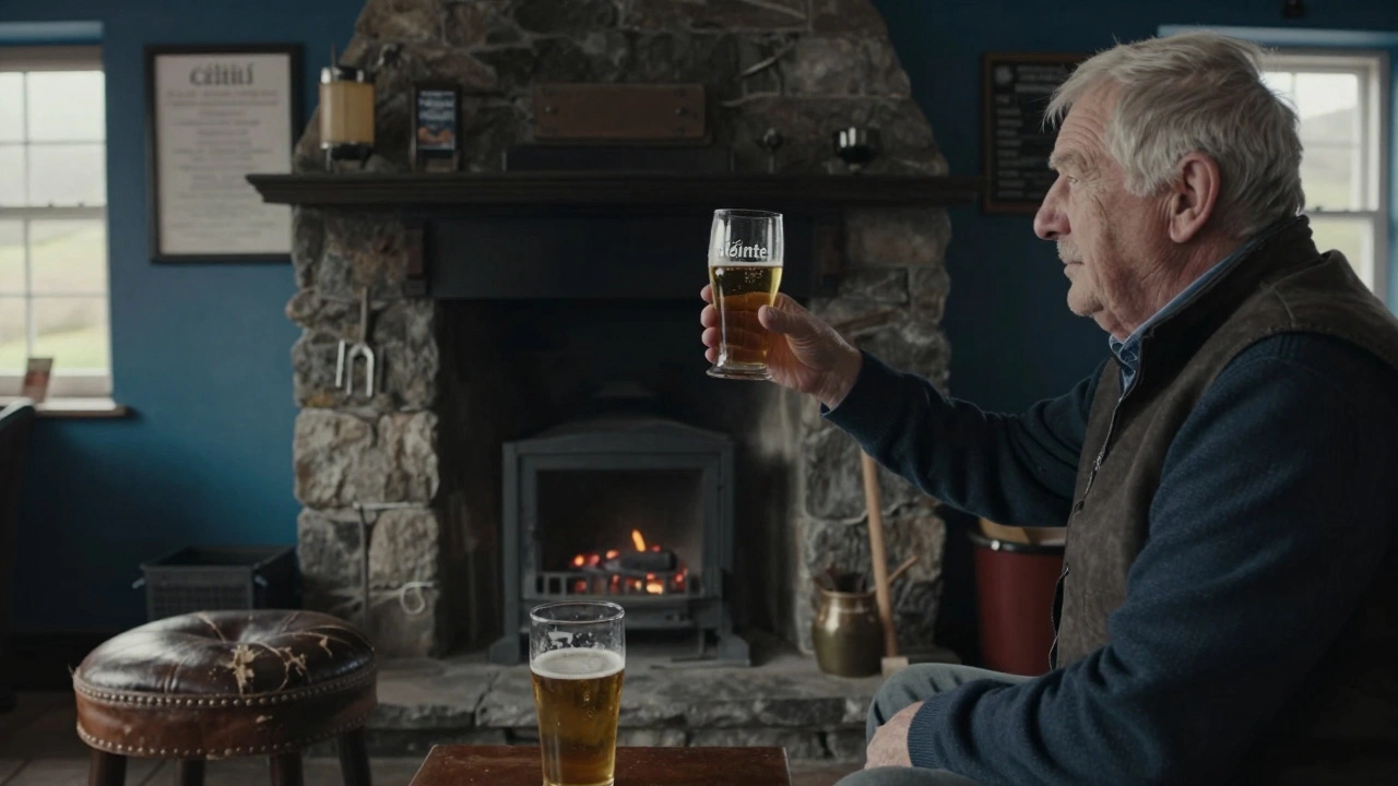 A tourist saying 'sláinte' in a Connemara pub as an elder watches, peat fire glowing in the background.