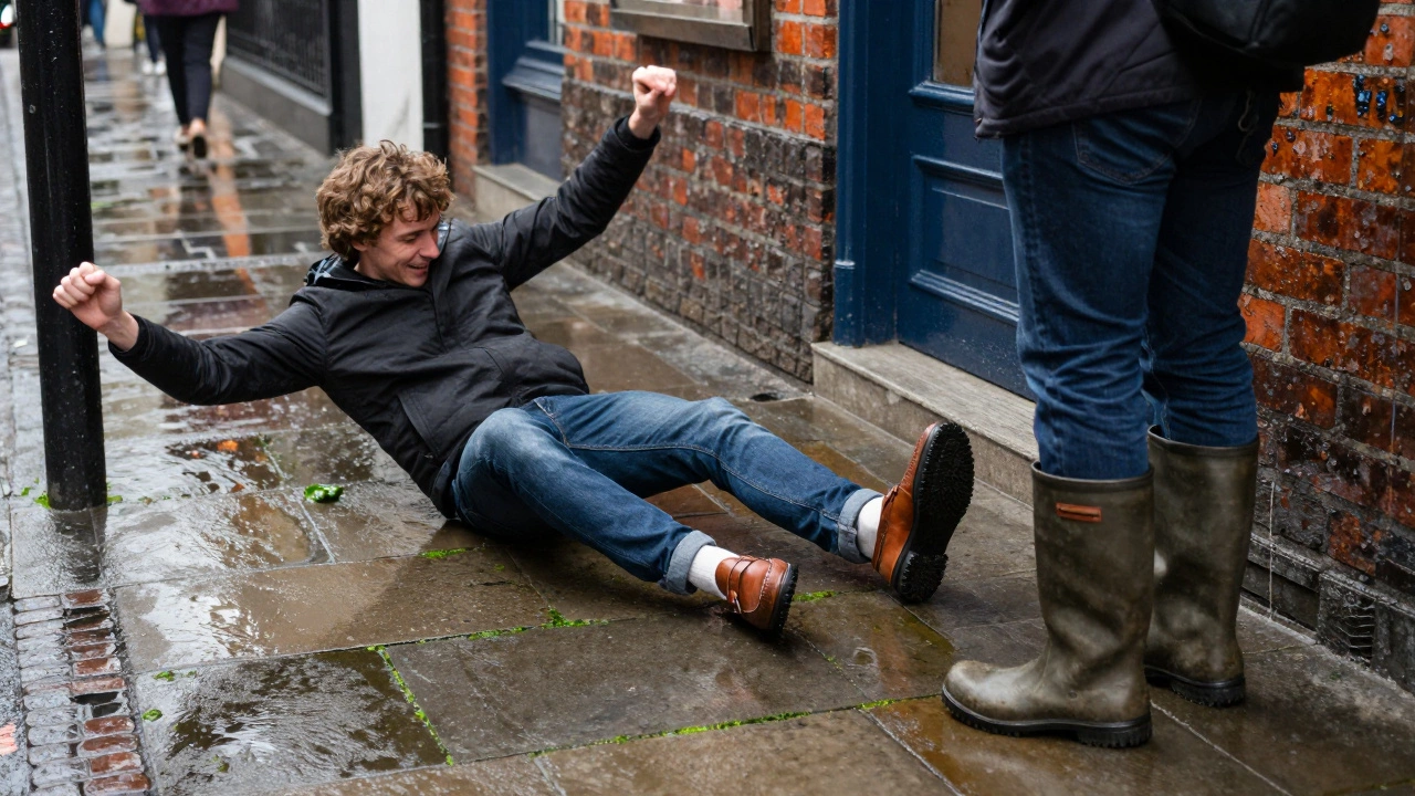 A tourist slipping on a wet Dublin sidewalk while a local stands firm in waterproof boots.