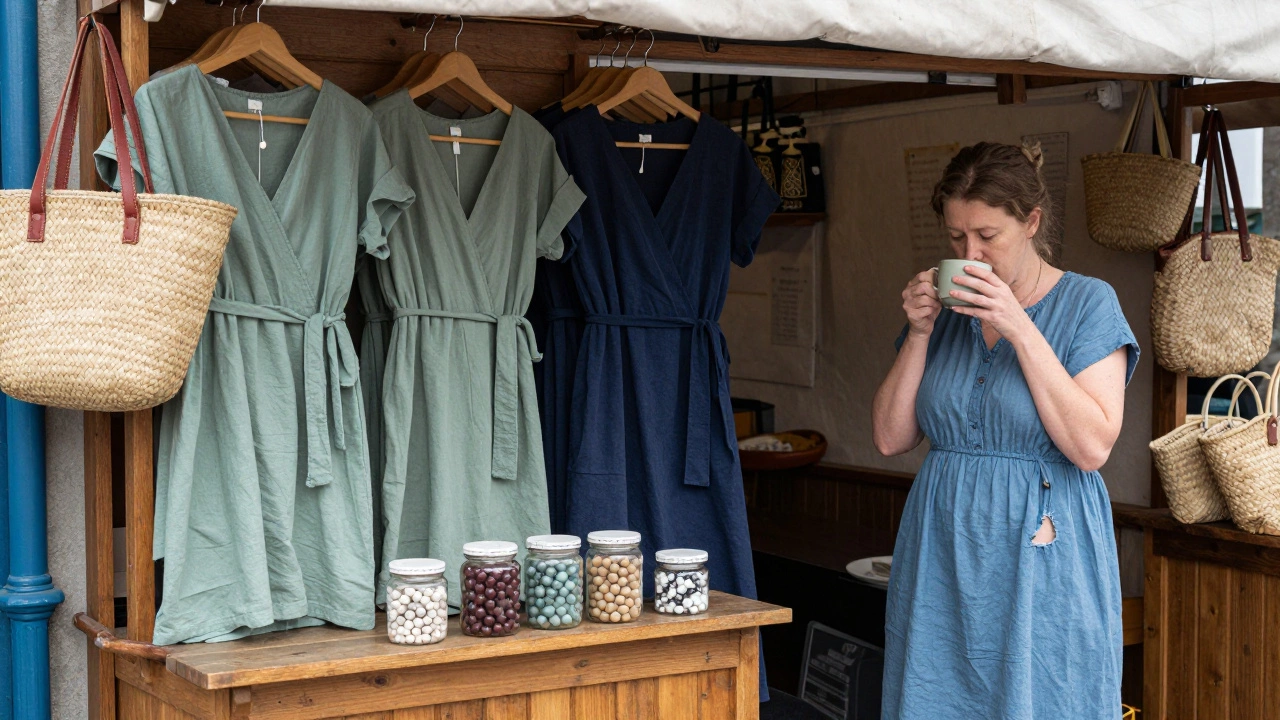 Artisan displaying handmade cotton dresses at a Galway market with a woman sewing nearby