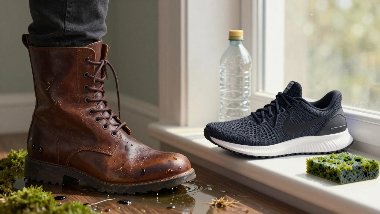 Cracked leather boot beside a synthetic Nike sneaker with recycled materials, morning light through an Irish window.