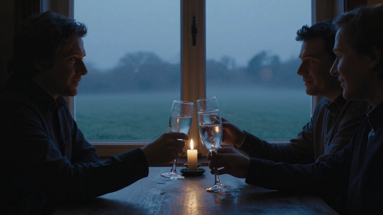 Four people clinking glasses in silence in a quiet Irish pub at dusk, candlelight casting soft shadows.